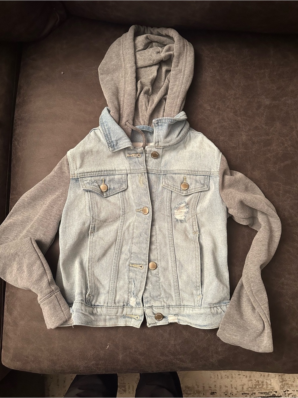 Hollister Light Blue Denim Jacket with Gray Hooded Sleeves